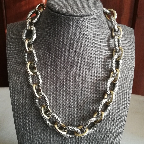 Silver & Gold Chain Necklace with Rhinestones - Picture 1 of 5
